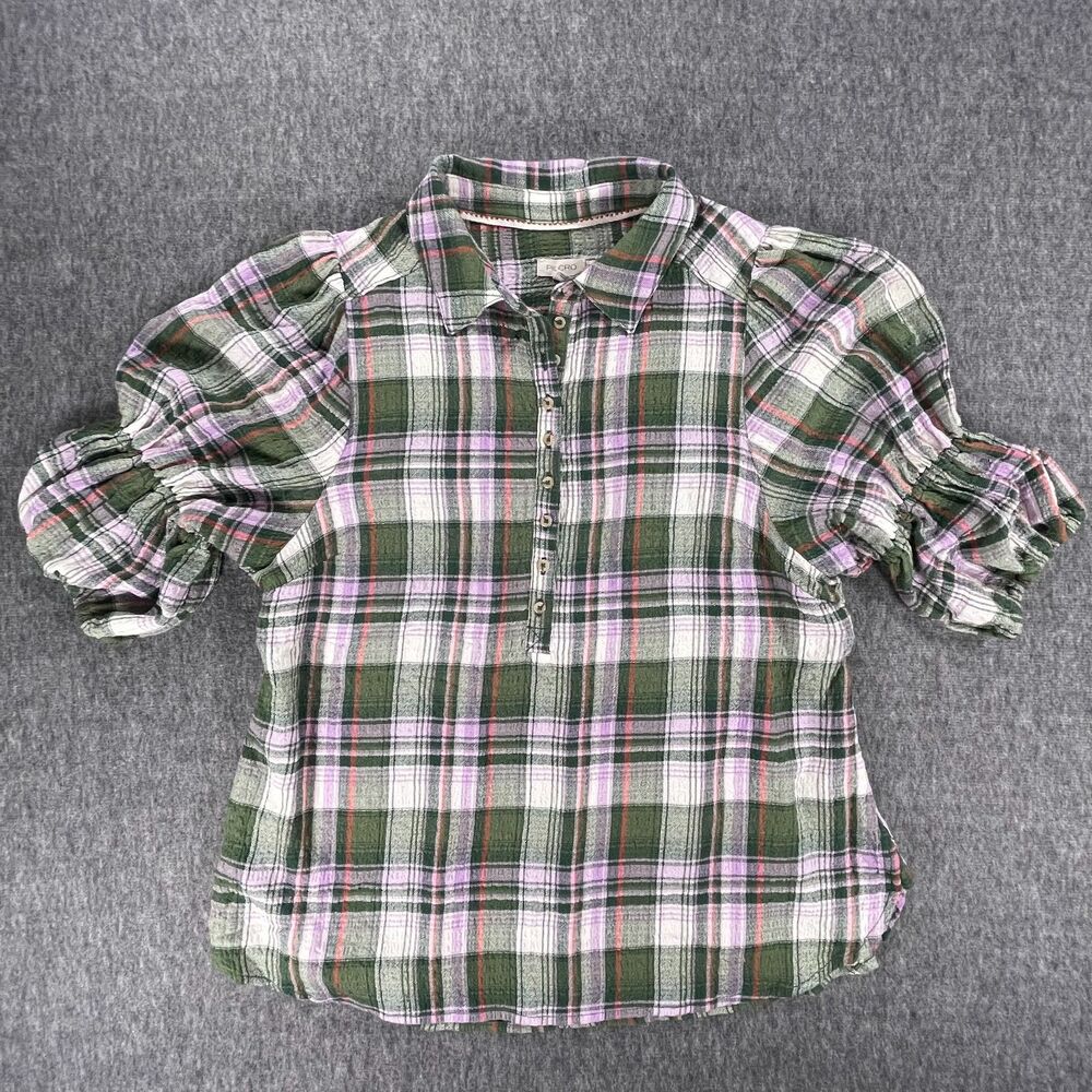 Anthropologie Pilcro Tallulah Puff-Sleeve Plaid Buttondown Top S Green Blouse - Picture 10 of 13